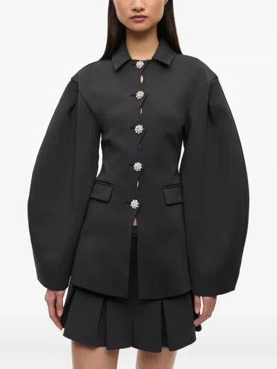 Ganni Womens Faux-crystal Buttons Puff-sleeve Scuba Blazer Phantom In Black