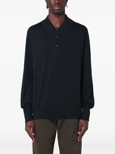 John Smedley Cotton Polo Shirt With Ribbed Cuffs And Hem In Black