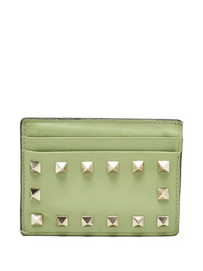 Pre-owned Valentino Garavani Rockstud Leather Card Holder In Green