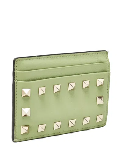 Pre-owned Valentino Garavani Rockstud Leather Card Holder In Green
