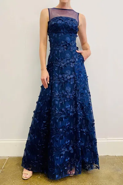 Hynes Park Floral Applique Full Length Gown In Navy