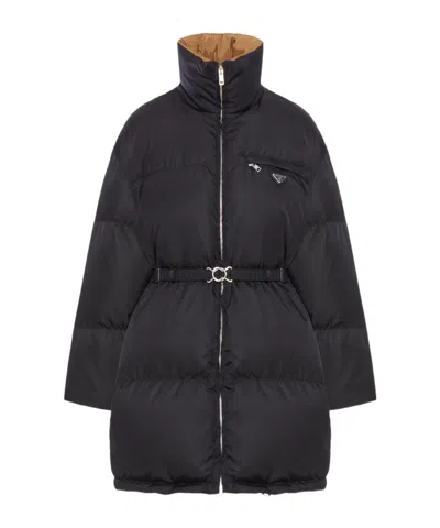 Prada High Collar Long Sleeve Cotton Coat In Black