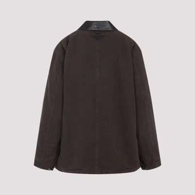 Prada Canvas Cotton Jacket Leather Collar In Brown