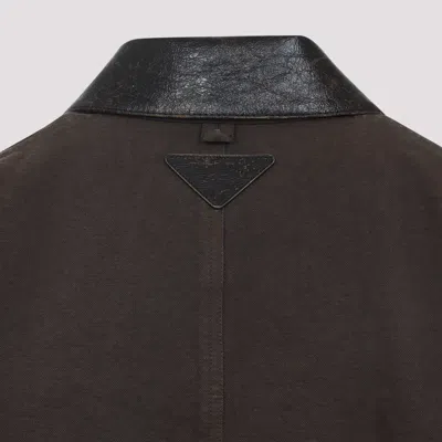 Prada Canvas Cotton Jacket Leather Collar In Brown