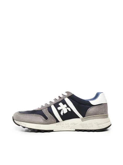 Premiata Lander Sneakers In Blue Suede And Fabric In Multi