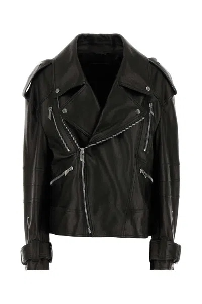 Attico Black Leather Oversize Bomber Jacket In Black