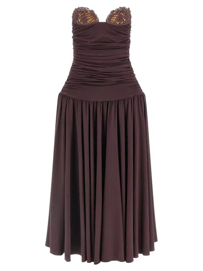 Magda Butrym Flared Skirt Lace Trim Ruched Dress In Brown