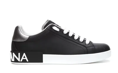 Dolce & Gabbana Portofino Sneakers In Black Leather With Silver Inserts In Black