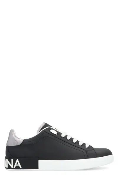Dolce & Gabbana Portofino Sneakers In Black Leather With Silver Inserts In Black