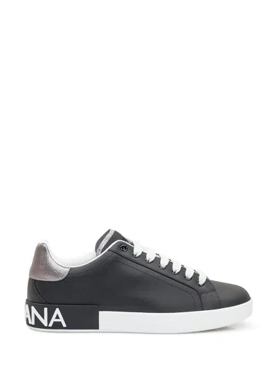 Dolce & Gabbana Portofino Sneakers In Black Leather With Silver Inserts In Black