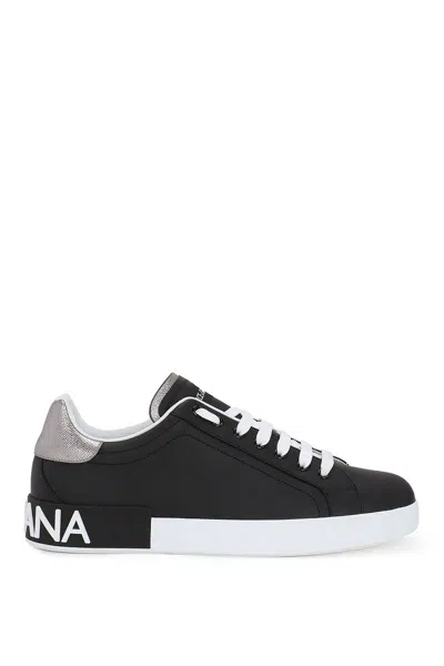 Dolce & Gabbana Portofino Sneakers In Black Leather With Silver Inserts In Black