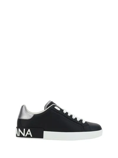 Dolce & Gabbana Portofino Sneakers In Black Leather With Silver Inserts In Black