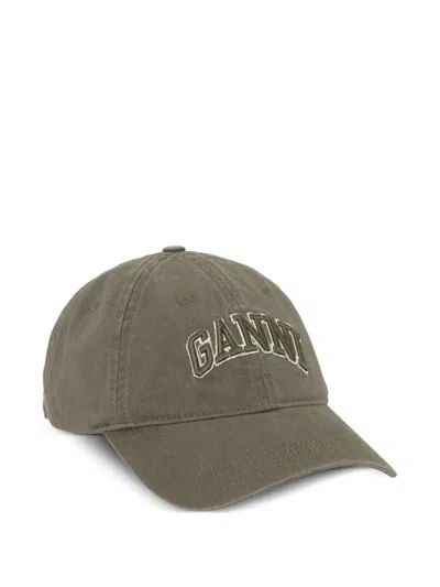 Ganni Green Baseball Cap With Logo Lettering Embroidery On The Front And Logo Patch On The Rear In Cotton  In Green