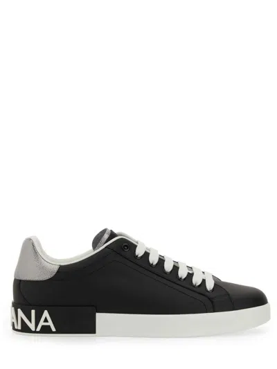 Dolce & Gabbana Portofino Sneakers In Black Leather With Silver Inserts In Black