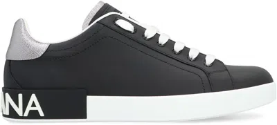 Dolce & Gabbana Portofino Sneakers In Black Leather With Silver Inserts In Black