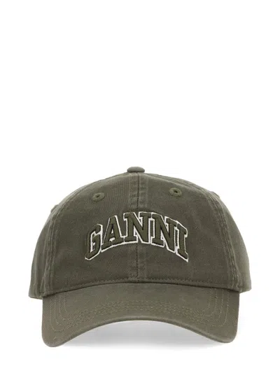 Ganni Green Baseball Cap With Logo Lettering Embroidery On The Front And Logo Patch On The Rear In Cotton  In Green