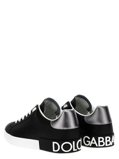 Dolce & Gabbana Portofino Sneakers In Black Leather With Silver Inserts In Black