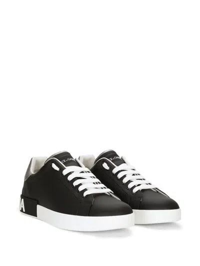 Dolce & Gabbana Portofino Sneakers In Black Leather With Silver Inserts In Black