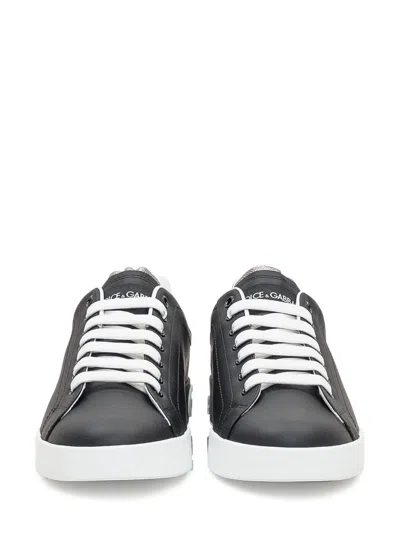Dolce & Gabbana Portofino Sneakers In Black Leather With Silver Inserts In Black