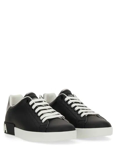 Dolce & Gabbana Portofino Sneakers In Black Leather With Silver Inserts In Black