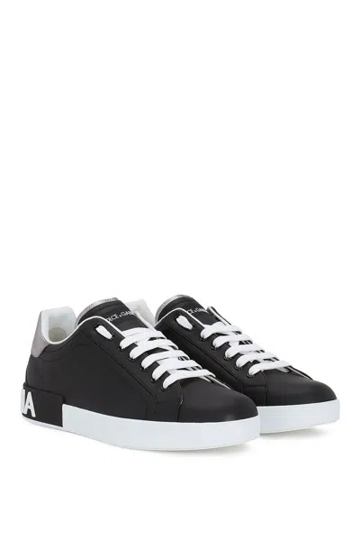 Dolce & Gabbana Portofino Sneakers In Black Leather With Silver Inserts In Black