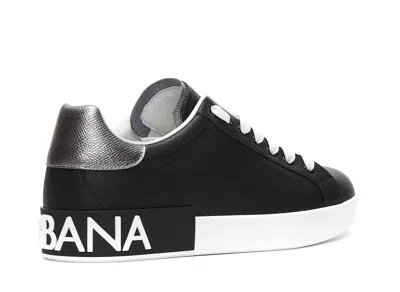 Dolce & Gabbana Portofino Sneakers In Black Leather With Silver Inserts In Black