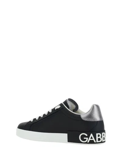 Dolce & Gabbana Portofino Sneakers In Black Leather With Silver Inserts In Black