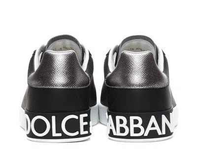 Dolce & Gabbana Portofino Sneakers In Black Leather With Silver Inserts In Black