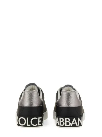 Dolce & Gabbana Portofino Sneakers In Black Leather With Silver Inserts In Black