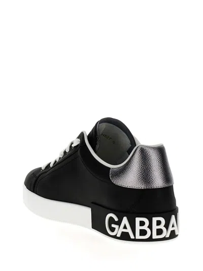 Dolce & Gabbana Portofino Sneakers In Black Leather With Silver Inserts In Black