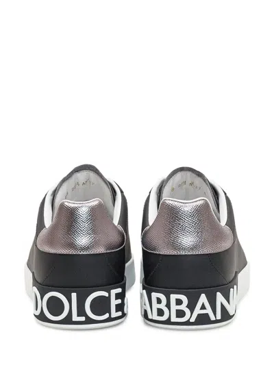 Dolce & Gabbana Portofino Sneakers In Black Leather With Silver Inserts In Black