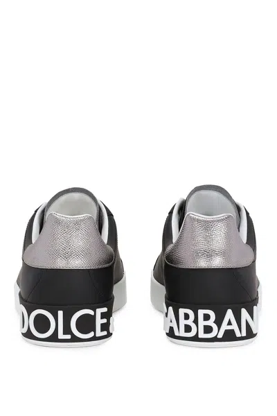 Dolce & Gabbana Portofino Sneakers In Black Leather With Silver Inserts In Black