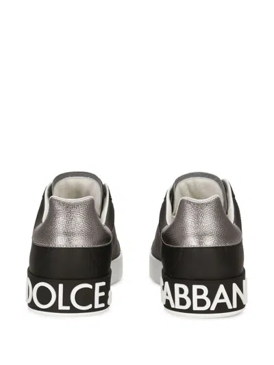 Dolce & Gabbana Portofino Sneakers In Black Leather With Silver Inserts In Black
