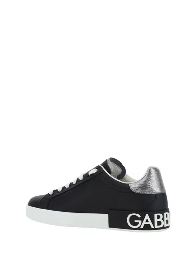 Dolce & Gabbana Portofino Sneakers In Black Leather With Silver Inserts In Black