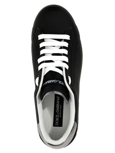 Dolce & Gabbana Portofino Sneakers In Black Leather With Silver Inserts In Black