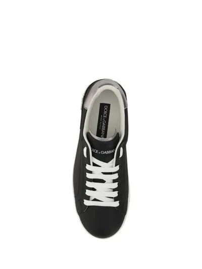 Dolce & Gabbana Portofino Sneakers In Black Leather With Silver Inserts In Black