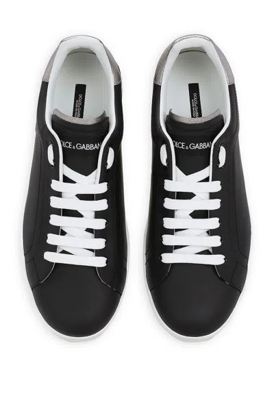 Dolce & Gabbana Portofino Sneakers In Black Leather With Silver Inserts In Black