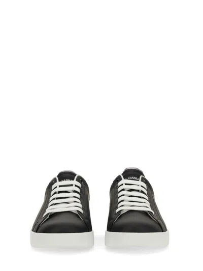 Dolce & Gabbana Portofino Sneakers In Black Leather With Silver Inserts In Black
