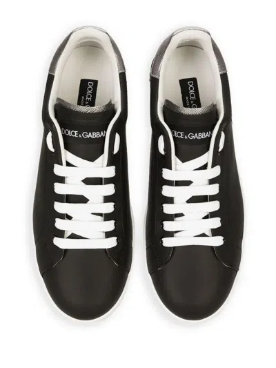Dolce & Gabbana Portofino Sneakers In Black Leather With Silver Inserts In Black