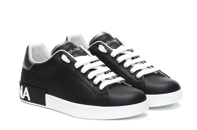 Dolce & Gabbana Portofino Sneakers In Black Leather With Silver Inserts In Black