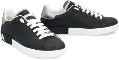 Dolce & Gabbana Portofino Sneakers In Black Leather With Silver Inserts In Black