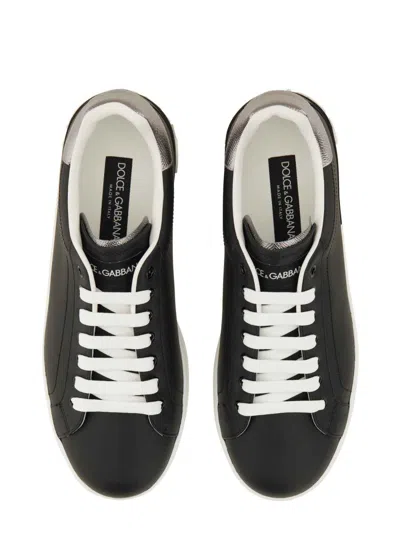 Dolce & Gabbana Portofino Sneakers In Black Leather With Silver Inserts In Black