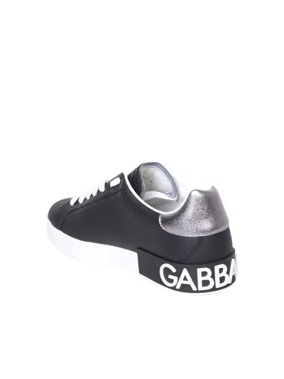 Dolce & Gabbana Portofino Sneakers In Black Leather With Silver Inserts In Black