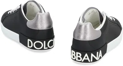 Dolce & Gabbana Portofino Sneakers In Black Leather With Silver Inserts In Black