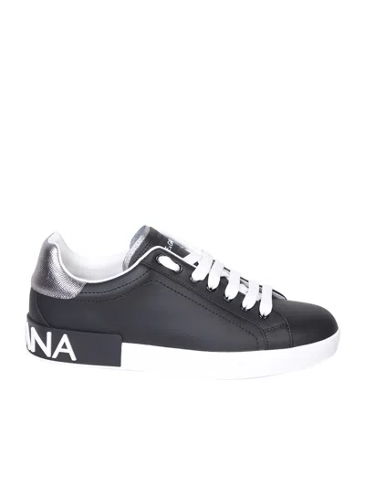 Dolce & Gabbana Portofino Sneakers In Black Leather With Silver Inserts In Black