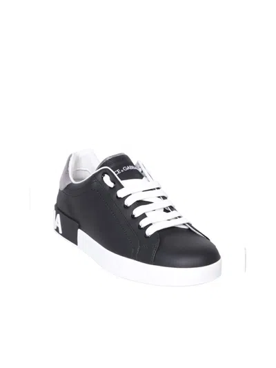 Dolce & Gabbana Portofino Sneakers In Black Leather With Silver Inserts In Black