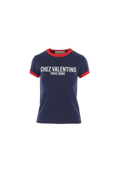 Valentino Crew Neck Cotton T-shirt With Contrast Trim In Blue