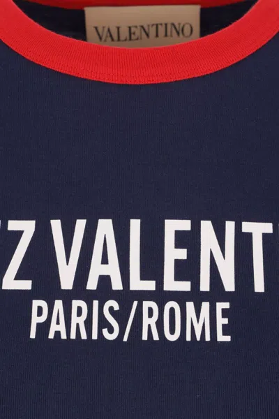 Valentino Crew Neck Cotton T-shirt With Contrast Trim In Blue