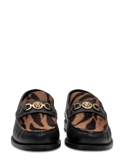 Versace Panelled Leather Loafers In Black
