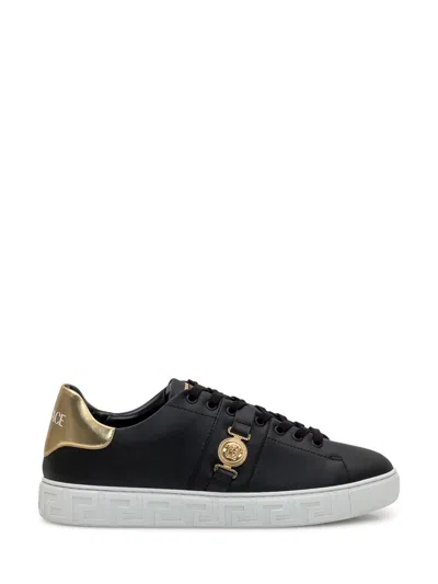 Versace Black Low Top Sneakers With Contrasting Heel With Logo Lettering And Medusa Plaque In Tech Fabric Ma